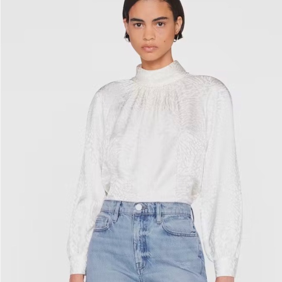 Frame Foldover Mock Neck Blouse in off white - Picture 2 of 8
